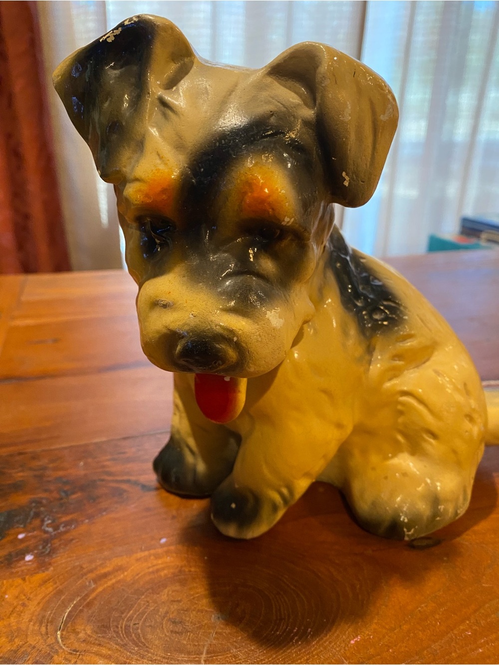 Vintage Chalkware Terrier Dog Figurine - Black and Cream Decorative Pet Statue